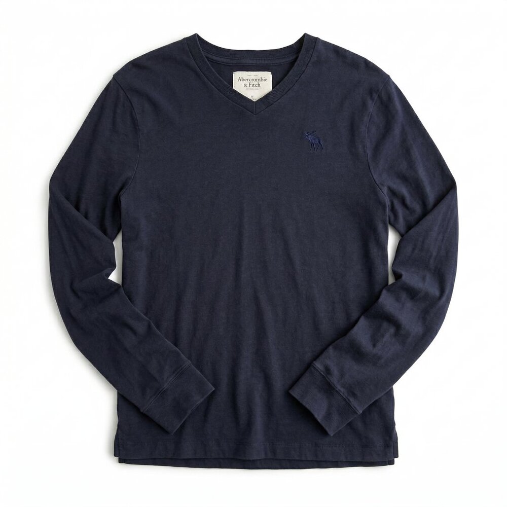 Vintage Abercrombie & Fitch Long Sleeve Navy Blue Tee Tonal Moose Logo Size XL